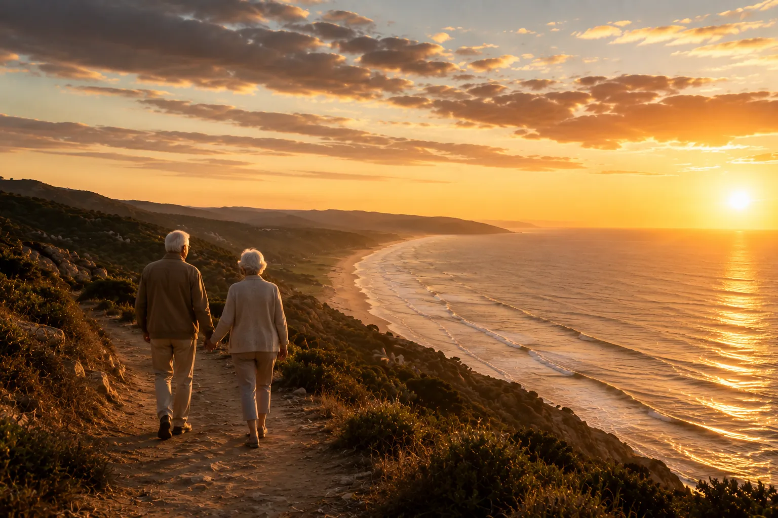 Elderly couple walking at sunset along the Mackay coastline
