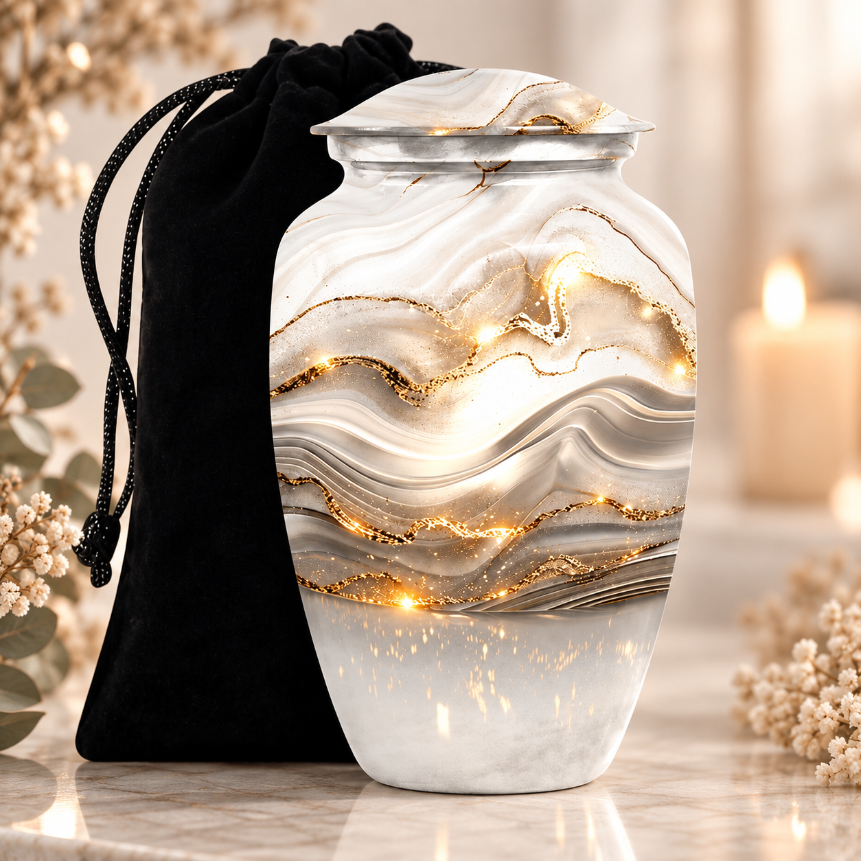 White and gold marble cremation urn with keepsake pouch, Mackay