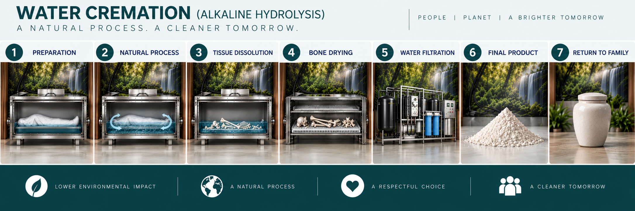 Water cremation (alkaline hydrolysis) process: preparation, natural process, tissue dissolution, bone drying, water filtration, final product, return to family