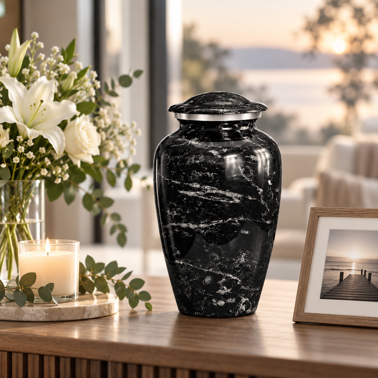 Black marble cremation urn on a sideboard, Mackay