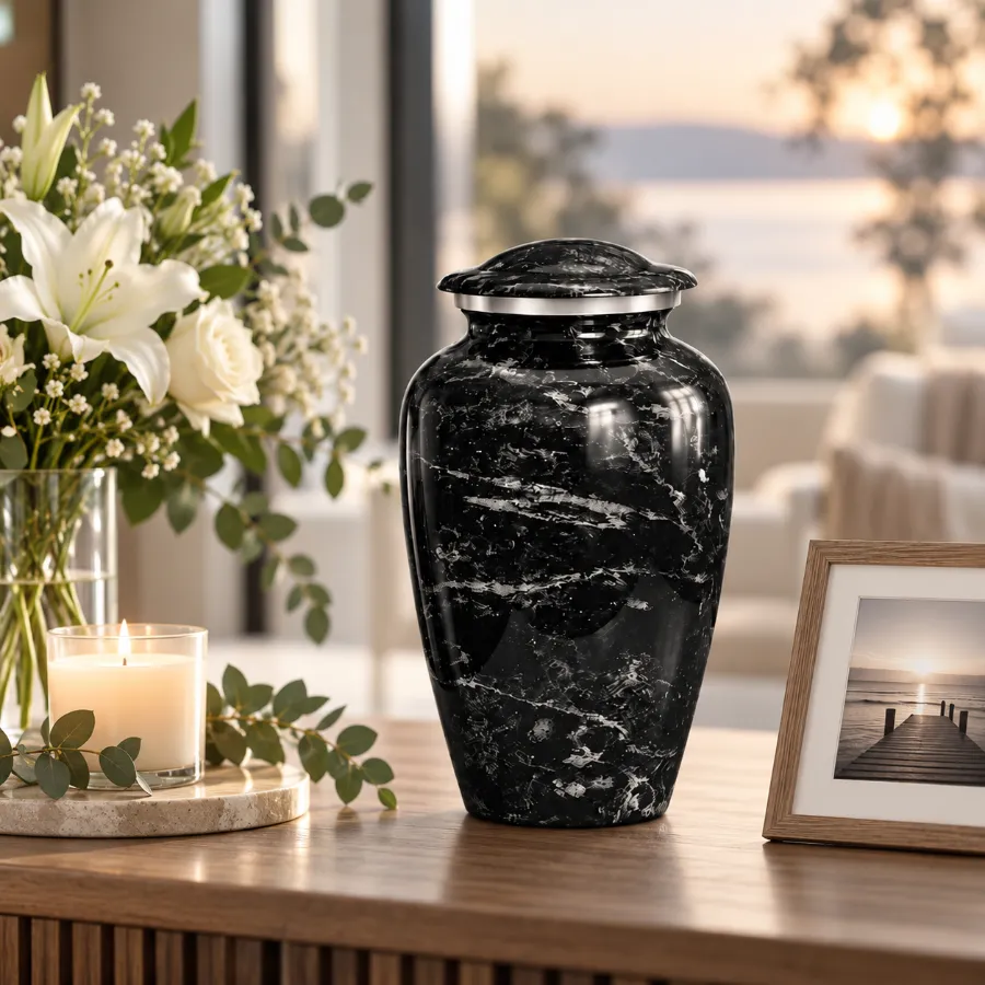 Black marble cremation urn on a sideboard, Mackay